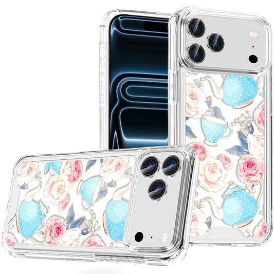 iPhone 17 Pro Max Beautiful TPU Designs Case Case - Pink Roses & Teal Teapots (1103169) (MSRP $49.99)