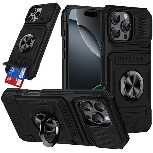 iPhone 16 Pro Max 6.9 Multi-Functional 2X Card Slot Shockproof Metal Ring Hybrid Case - Black (11037791) ($49.99 MSRP)