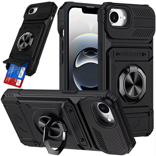 iPhone 17E / 16E / SE4 Multi-Functional 2X Card Slot Shockproof Metal Ring Hybrid Case - Black ( 1107768) (MSRP $59.99)