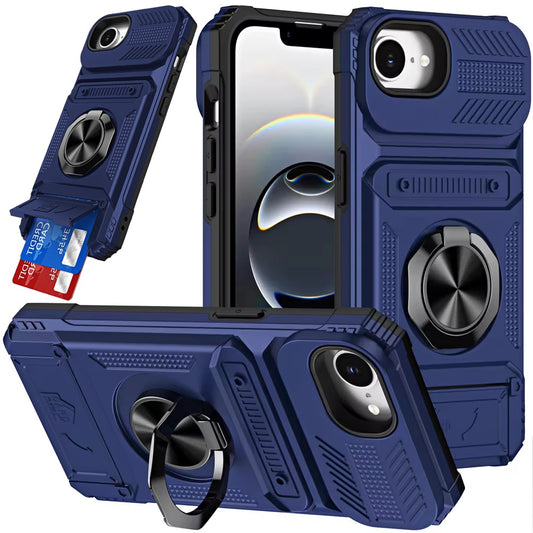 iPhone 17E / 16E / SE4 Multi-Functional 2X Card Slot Shockproof Metal Ring Hybrid Case - Blue( 1107769) (MSRP $59.99)