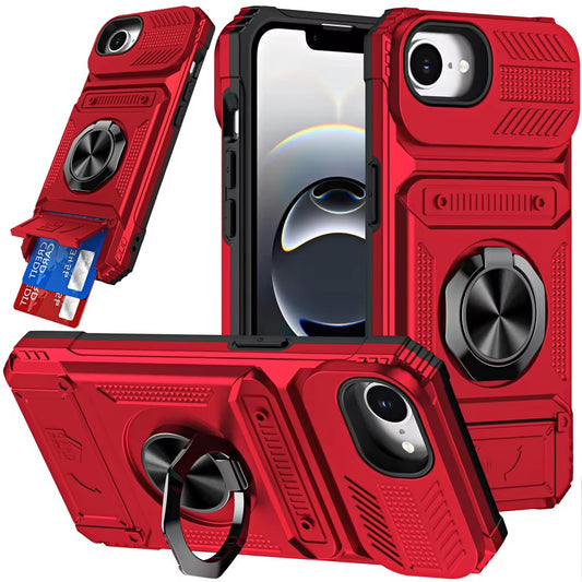 iPhone 17E / 16E / SE4 Multi-Functional 2X Card Slot Shockproof Metal Ring Hybrid Case - Red ( 1107770) (MSRP $59.99)