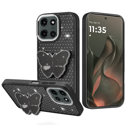 Motorola Edge 2025 Butterfly Moveable Grip Stand With Small Diamonds Meta Buttons HQ Hybrid - Black ( 1103562) (MSRP $49.99)
