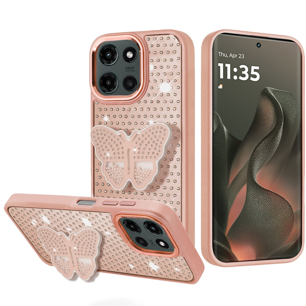 Motorola Edge 2025 Butterfly Moveable Grip Stand With Small Diamonds Meta Buttons HQ Hybrid - Rose Gold ( 1103563) (MSRP $49.99)