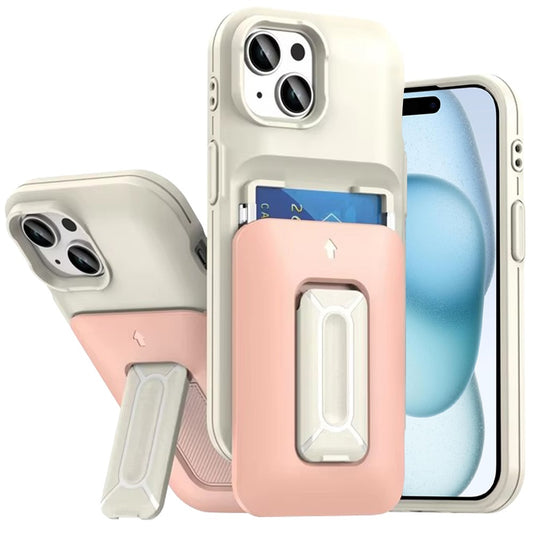 iPhone 13/14/15 Card Holder (2X) with Wrist Strap Hybrid With KickStand - Beige+Light Pink (1103086) (MSRP 39.99)