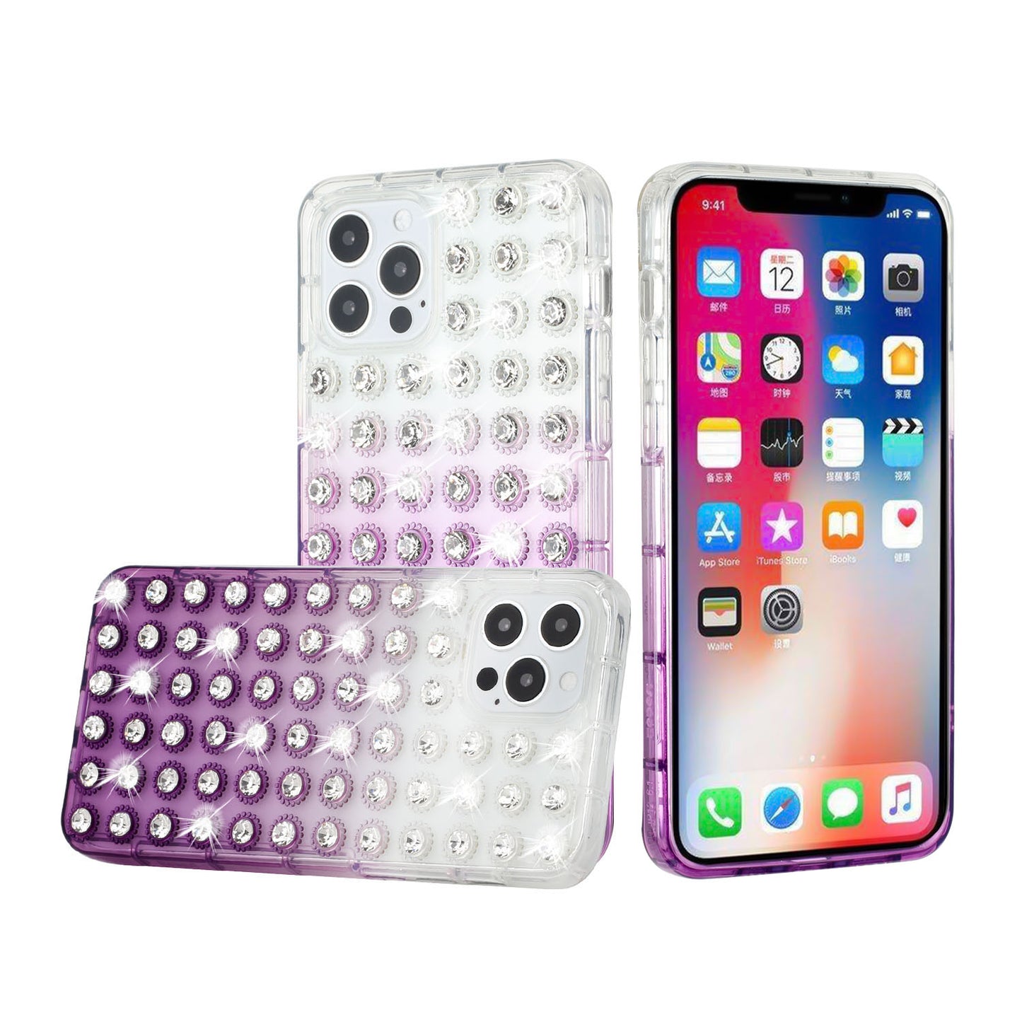 Apple iPhone XR All Over Diamond Luxury 2.0mm Thick TPU Cover Case - Clear/Purple (1102723)