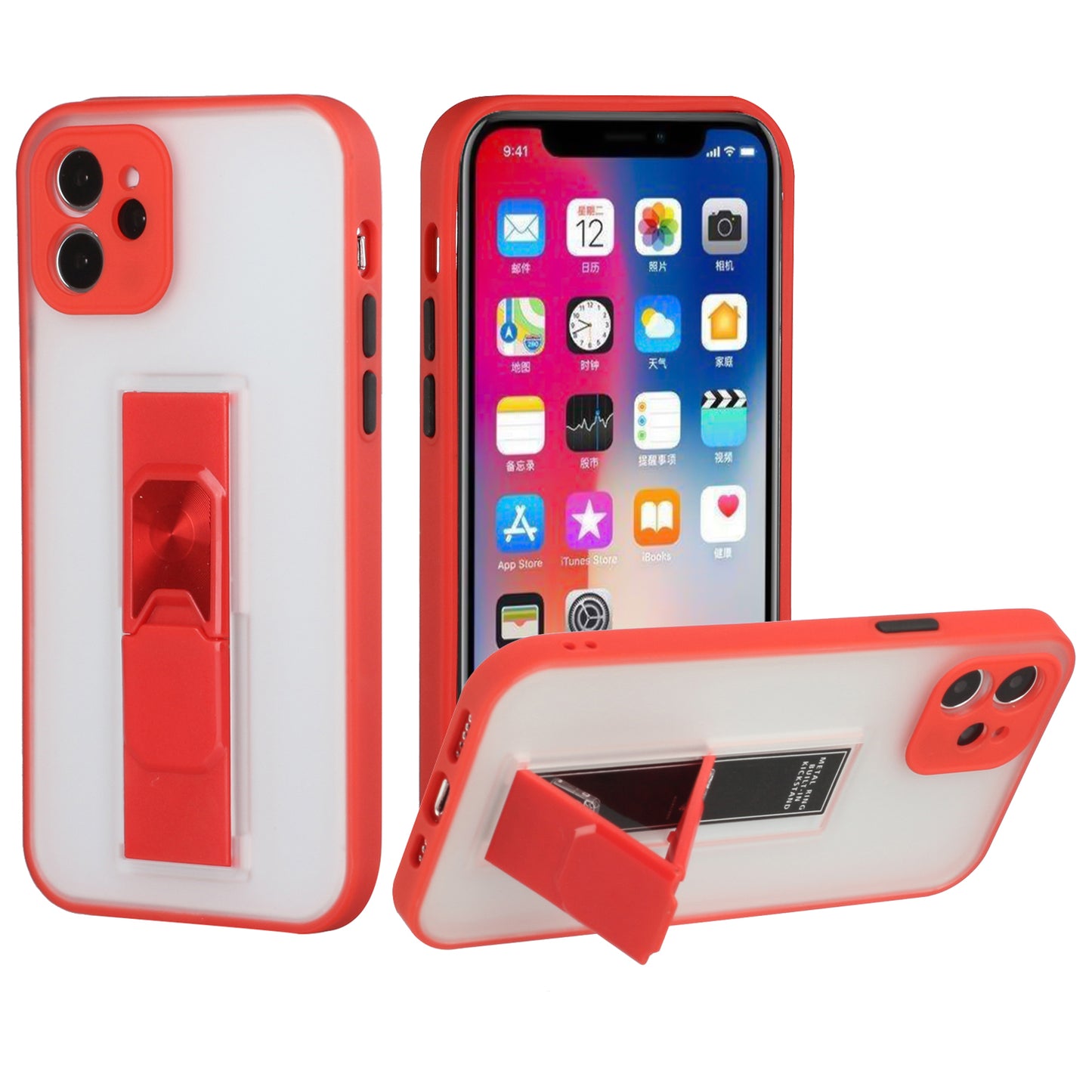 Apple iPhone 12 Pro Max 6.7 Bright Color Magnetic KickStand Transparent Hybrid Cover Case - Red (1100884)
