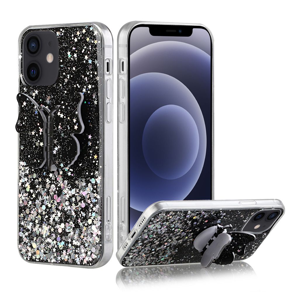 Apple iPhone 12 5.4 inch Cute Butterfly Stand Glitter Epoxy Hybrid - Black (110274)
