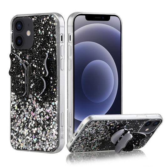 Apple iPhone 12 5.4 inch Cute Butterfly Stand Glitter Epoxy Hybrid - Black (110274)