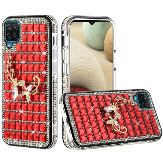 Samsung A12 Trendy Fashion Design Hybrid Case Cover - Butterfly Floral on Red (1103047)