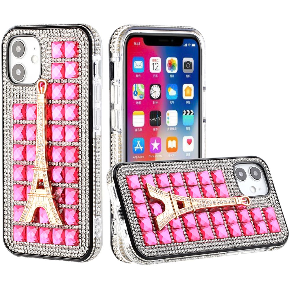 Apple iPhone 12 Mini 5.4 Bling Diamond Crystal Case - Eiffel Tower/Hot Pink (110272)
