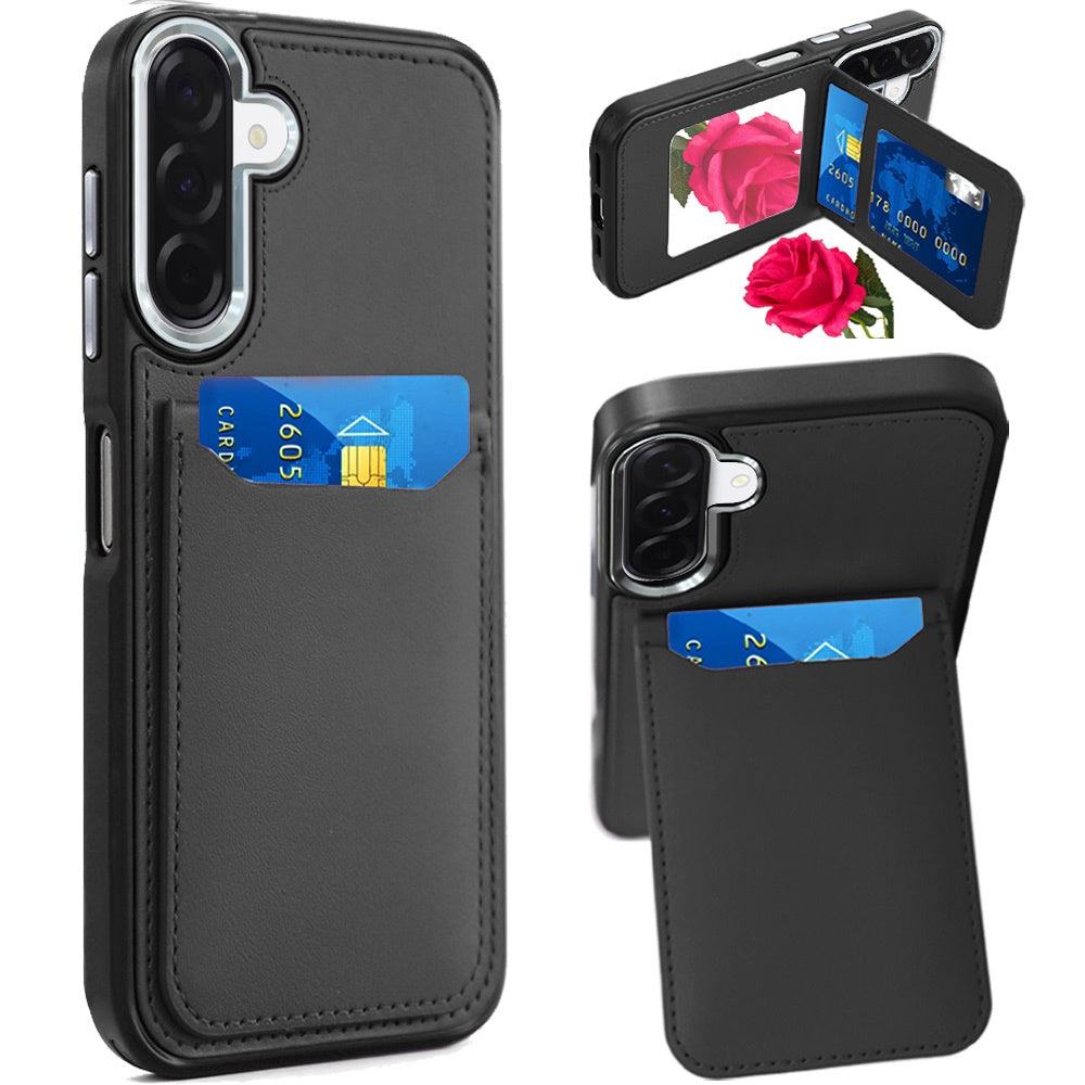 Samsung A17 5G Card Holder with Mirror Inside PU Leather Hybrid Case - Black ( 1108028) (MSRP $59.99)