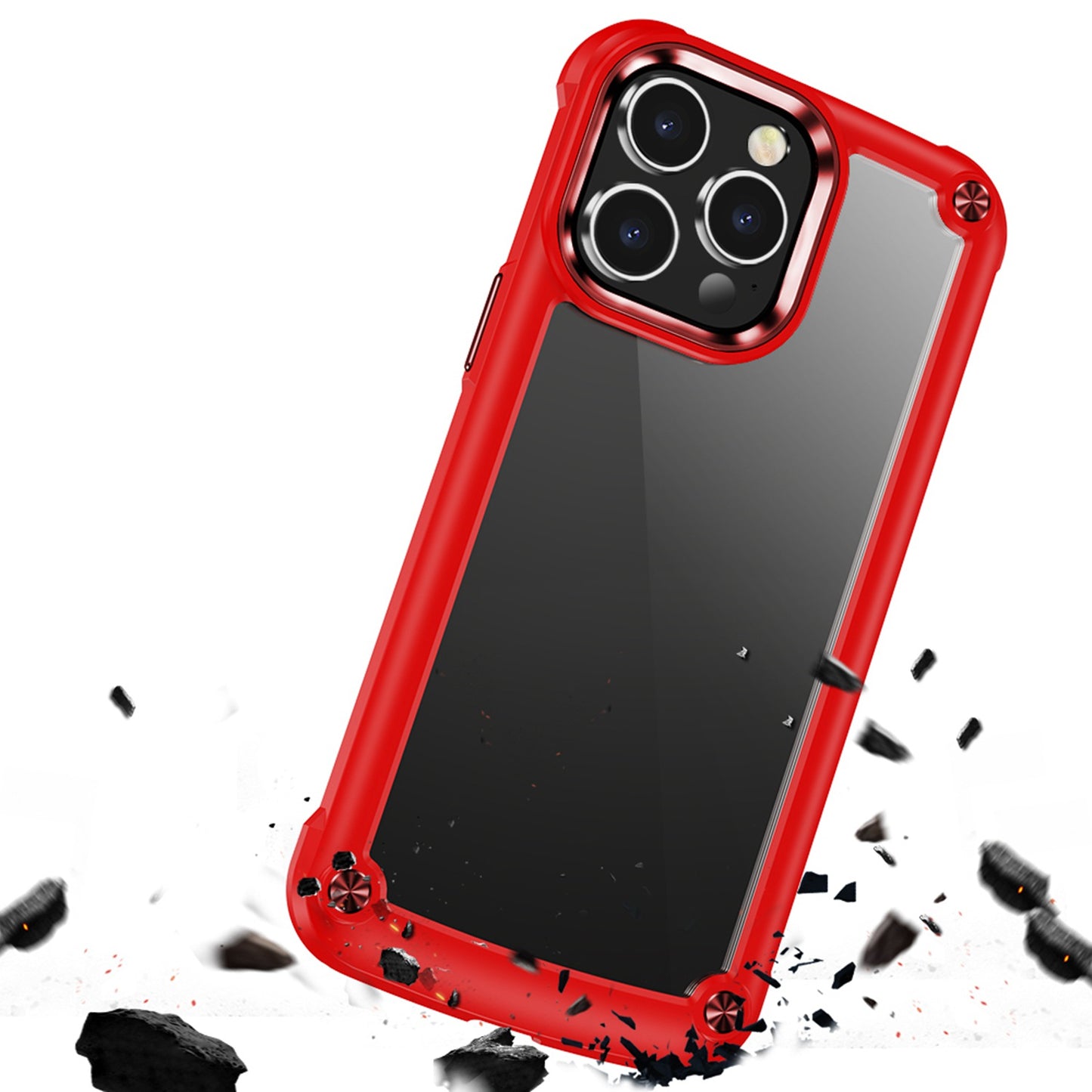 Apple iPhone 12 & iPhone 12 Pro Ultimate CaseX Transparent Hybrid Case with Metal Buttons And Camera Edges - Red (1106747)