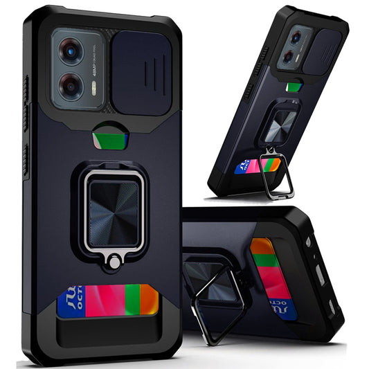 Motorola Moto G 5G 2024 Multi-Functional Card Magnetic Ring Stand Hybrid Camera Case Cover - Blue (1106799)