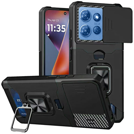 Motorola Moto G 5G 2025 Multi-Functional Card Magnetic Ring Stand Hybrid Camera Case Cover - Black ( 1103349) (MSRP $39.99)