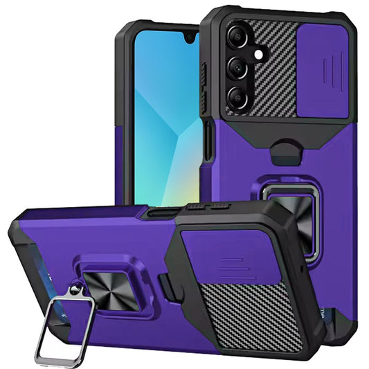 Samsung A16 5G Multi-Functional Card Magnetic Ring Stand Hybrid Camera Case Cover - Dark Purple (1102488)