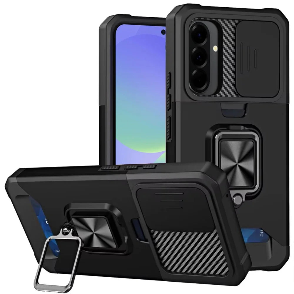 Samsung Galaxy A37 Multi-Functional Card Magnetic Ring Stand Hybrid Camera Case Cover - Black ( 1107848) (MSRP $49.99)
