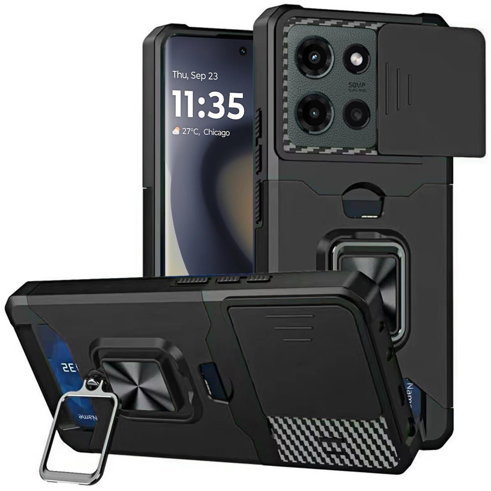 Motorola Edge 2025 Multi-Functional Card Magnetic Ring Stand Hybrid Camera Case Cover - Black ( 1103556) (MSRP $49.99)