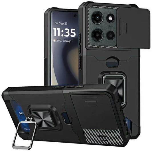 Motorola Edge 2025 Multi-Functional Card Magnetic Ring Stand Hybrid Camera Case Cover - Black ( 1103556) (MSRP $49.99)