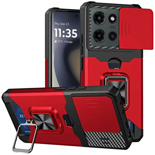 Motorola Edge 2025 Multi-Functional Card Magnetic Ring Stand Hybrid Camera Case Cover - Red ( 1103558) (MSRP $49.99)
