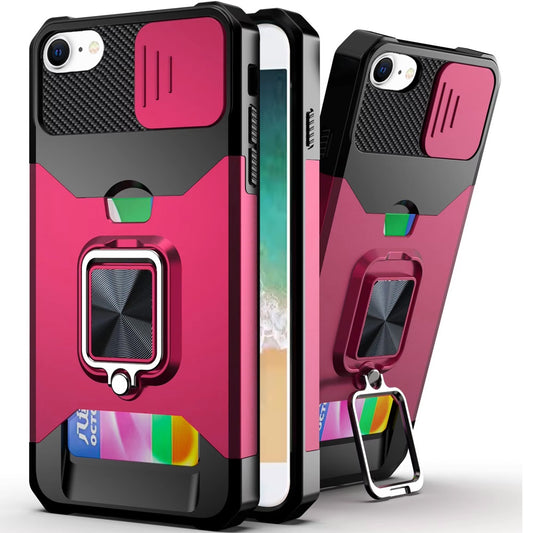 iPhone 16E / SE4 Multi-Functional Card Magnetic Ring Stand Hybrid Camera Case Cover - Hot Pink (1102796)