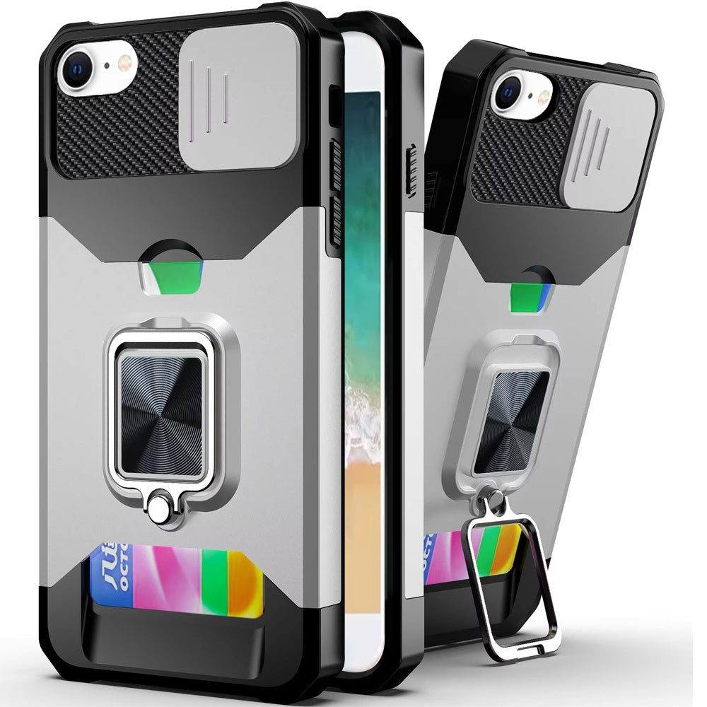 iPhone 16E (E edition)  Multi-Functional Card Magnetic Ring Stand Hybrid Camera Case Cover - Silver ( 1107628) (MSRP $49.99)