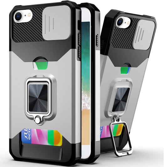 iPhone 16E (E edition)  Multi-Functional Card Magnetic Ring Stand Hybrid Camera Case Cover - Silver ( 1107628) (MSRP $49.99)