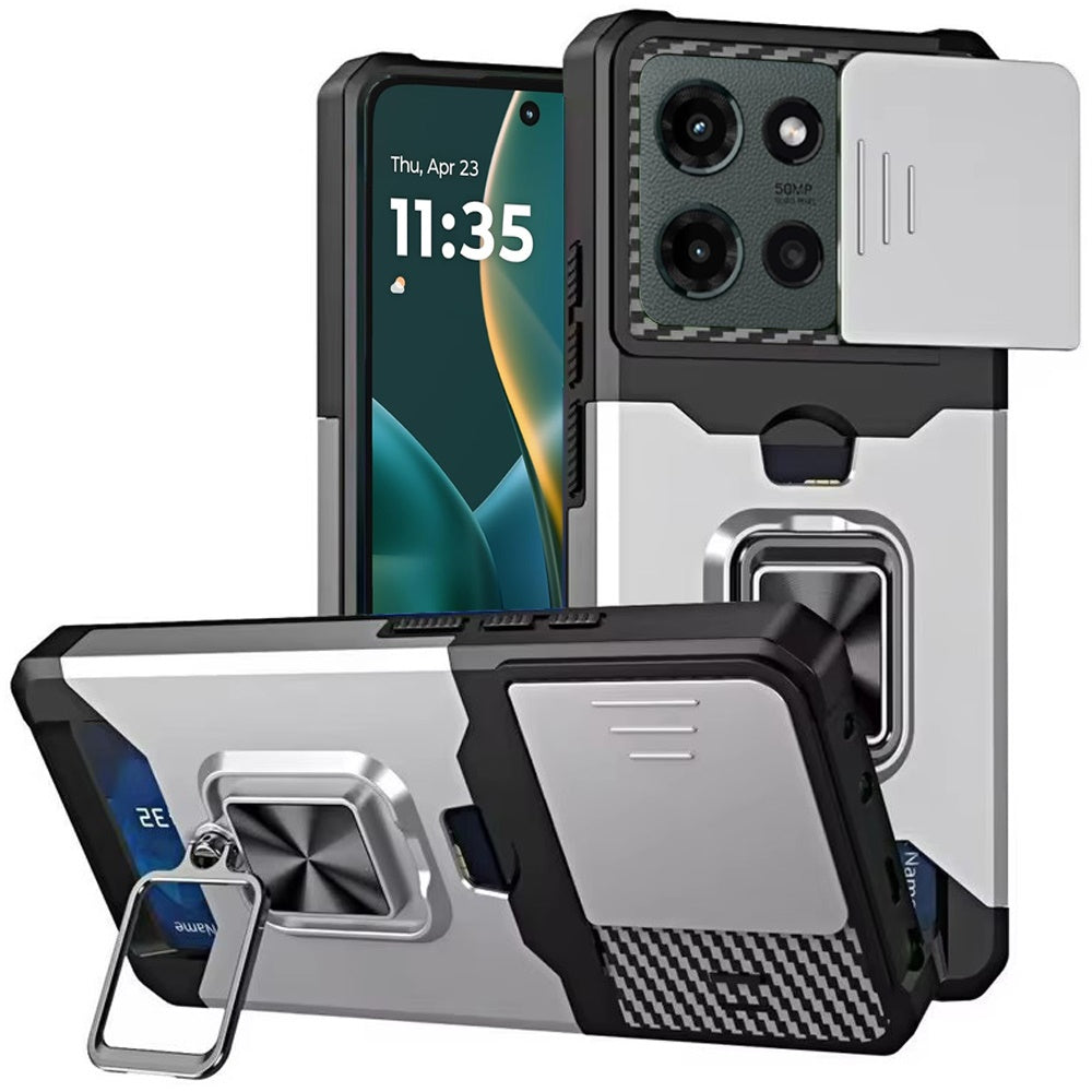 Moto G Stylus 5G 2025 Multi-Functional Card Magnetic Ring Stand Hybrid Camera Case Cover - Silver  (1102858)