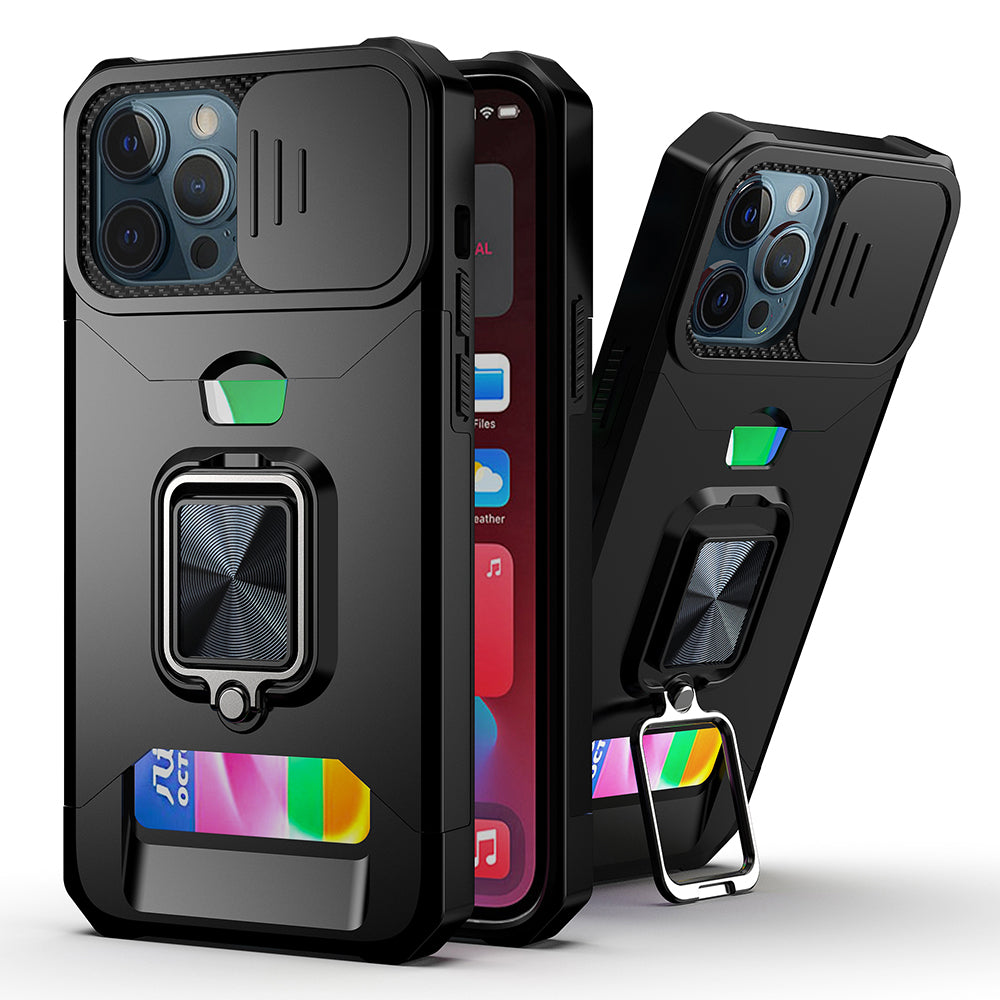 Apple iPhone 13 Pro Multi-Functional Card Magnetic Ring Stand Hybrid Camera Case Cover - Black (1102769)