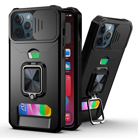 Apple iPhone 13 Pro Multi-Functional Card Magnetic Ring Stand Hybrid Camera Case Cover - Black (1102769)