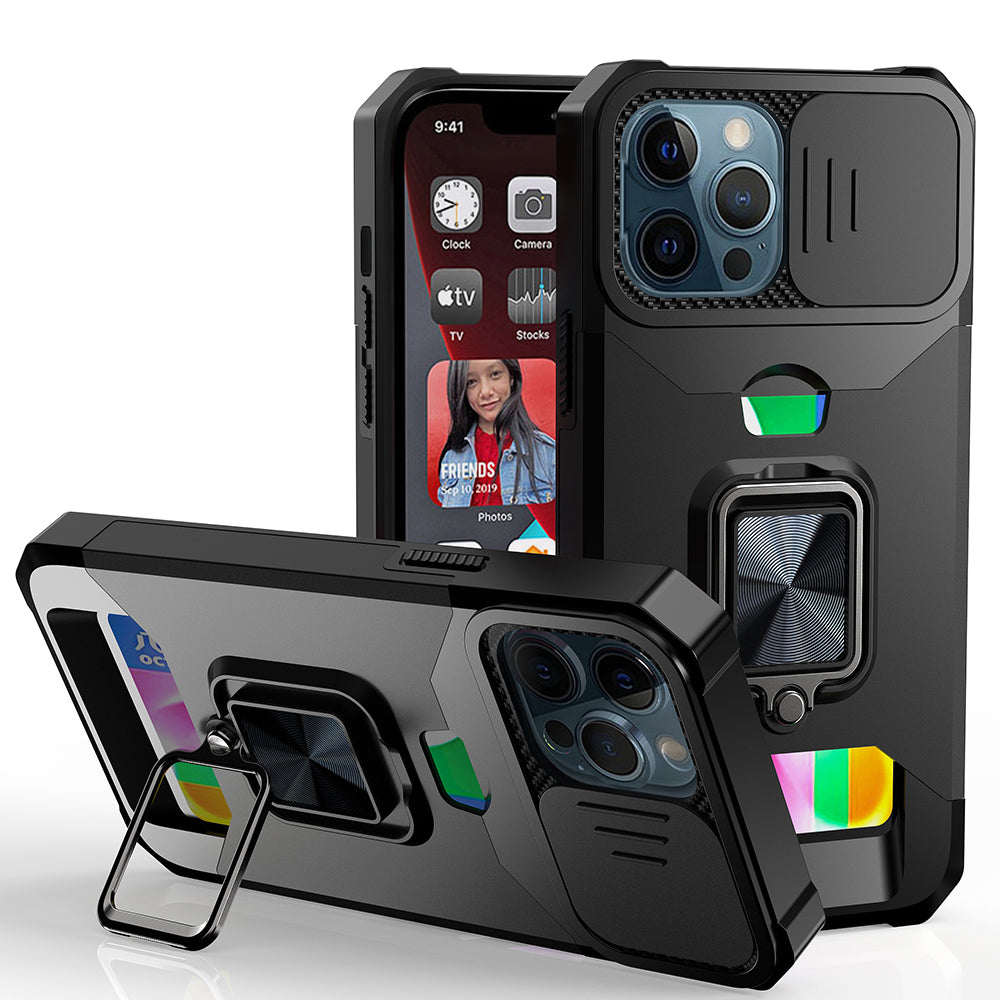 Apple iPhone 13 Pro Multi-Functional Card Magnetic Ring Stand Hybrid Camera Case Cover - Black (1102769)