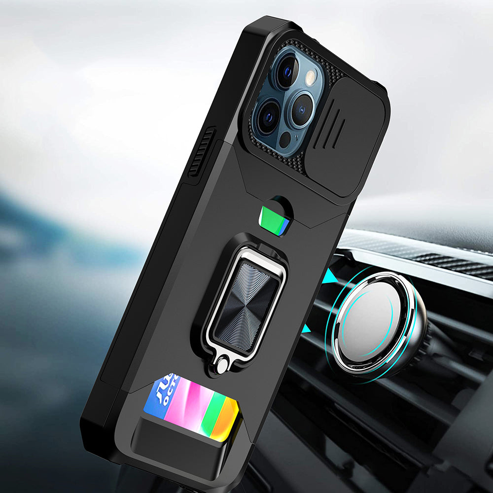 Apple iPhone 13 Pro Multi-Functional Card Magnetic Ring Stand Hybrid Camera Case Cover - Black (1102769)