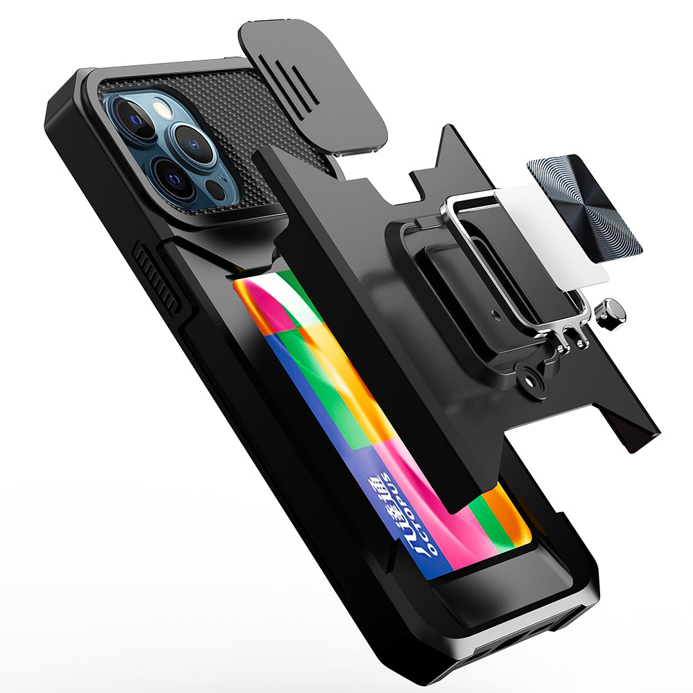 Apple iPhone 13 Pro Multi-Functional Card Magnetic Ring Stand Hybrid Camera Case Cover - Black (1102769)