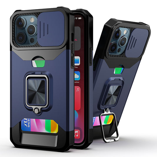 iPhone 15/14/13 and 16E  Multi-Functional Card Magnetic Ring Stand Hybrid Camera Case Cover - Blue ( 1107620) (MSRP $49.99)