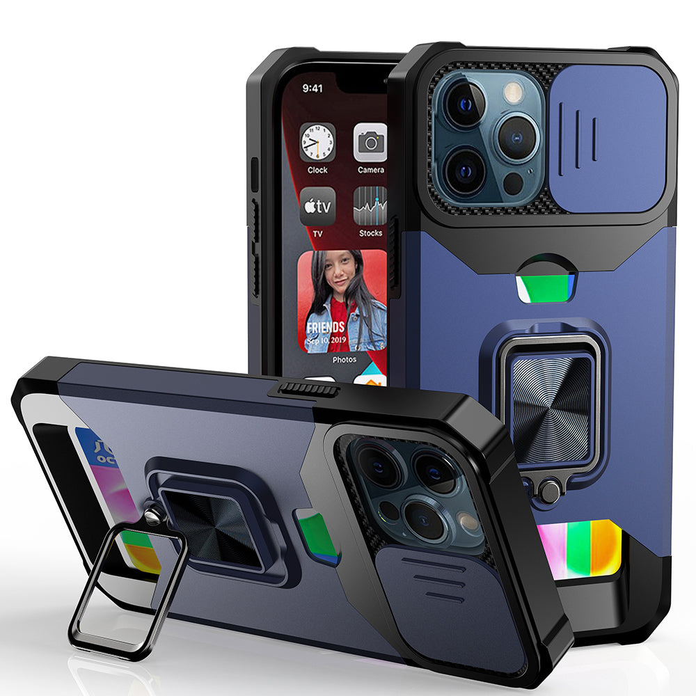 Apple iPhone 13 Pro Multi-Functional Card Magnetic Ring Stand Hybrid Camera Case Cover - Blue (1102770)