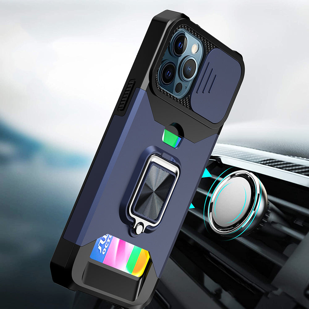 Apple iPhone 13 Pro Multi-Functional Card Magnetic Ring Stand Hybrid Camera Case Cover - Blue (1102770)
