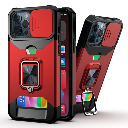 Apple iPhone 13 Pro Multi-Functional Card Magnetic Ring Stand Hybrid Camera Case Cover - Red (1102771)