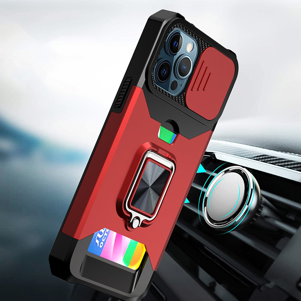 Apple iPhone 13 Pro Multi-Functional Card Magnetic Ring Stand Hybrid Camera Case Cover - Red (1102771)