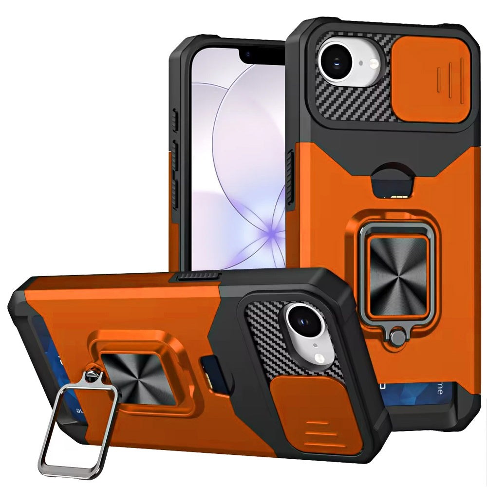 iPhone 16E (E edition)  Multi-Functional Card Magnetic Ring Stand Hybrid Camera Case Cover - Cosmic Orange ( 1107627) (MSRP $49.99)