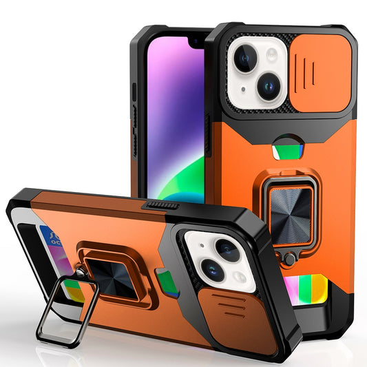 iPhone 15/14/13 and 16E  Multi-Functional Card Magnetic Ring Stand Hybrid Camera Case Cover - Cosmic Orange ( 1107621) (MSRP $49.99)