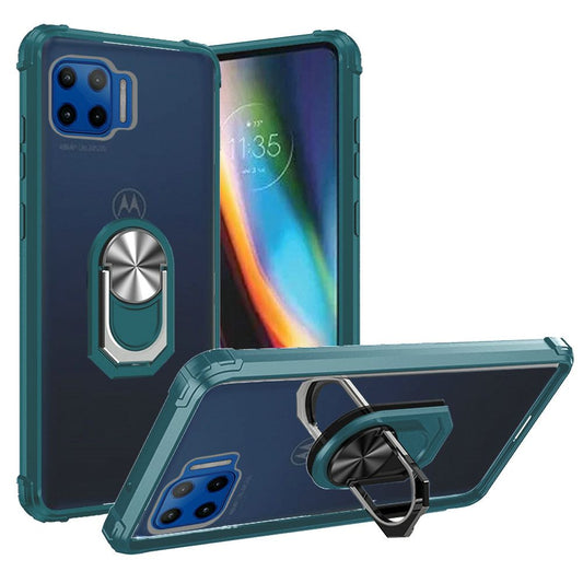 Moto One 5G Transparent Magnetic Ring Kickstand Case Cover - Clear/Midnight Green (1102352)