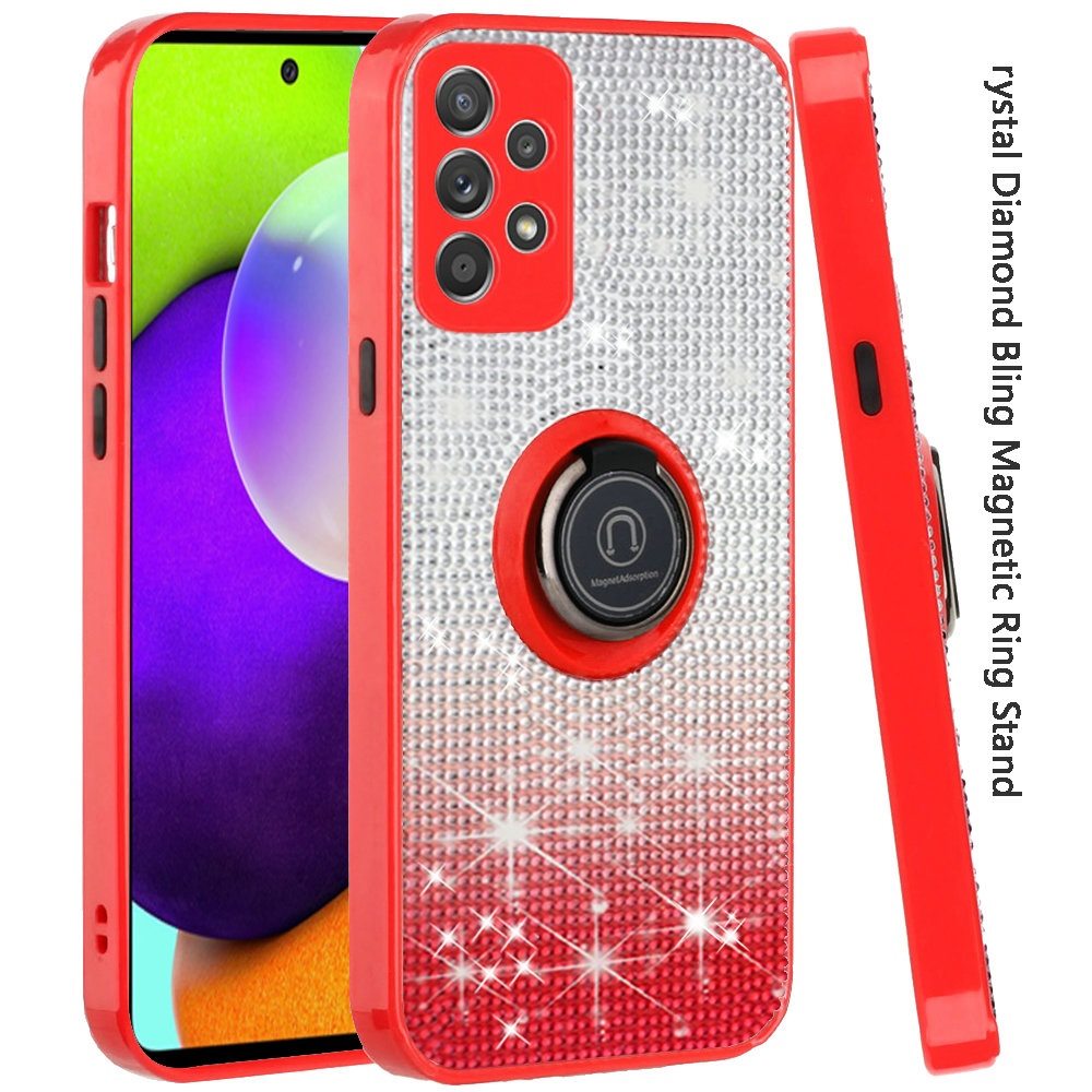 Samsung Galaxy A52 5G Crystal Diamond Bling Magnetic Ring Stand Case Cover - Two Tone Red (1101592)