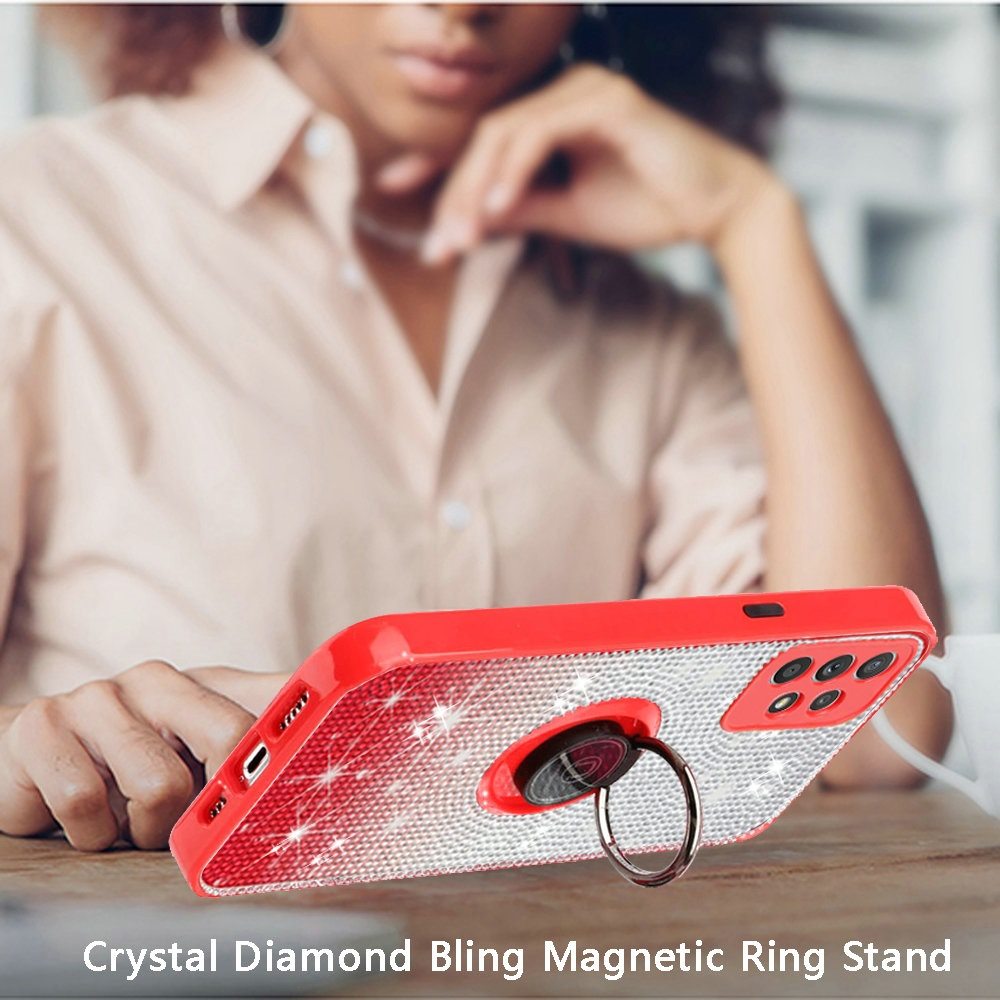 Samsung Galaxy A52 5G Crystal Diamond Bling Magnetic Ring Stand Case Cover - Two Tone Red (1101592)