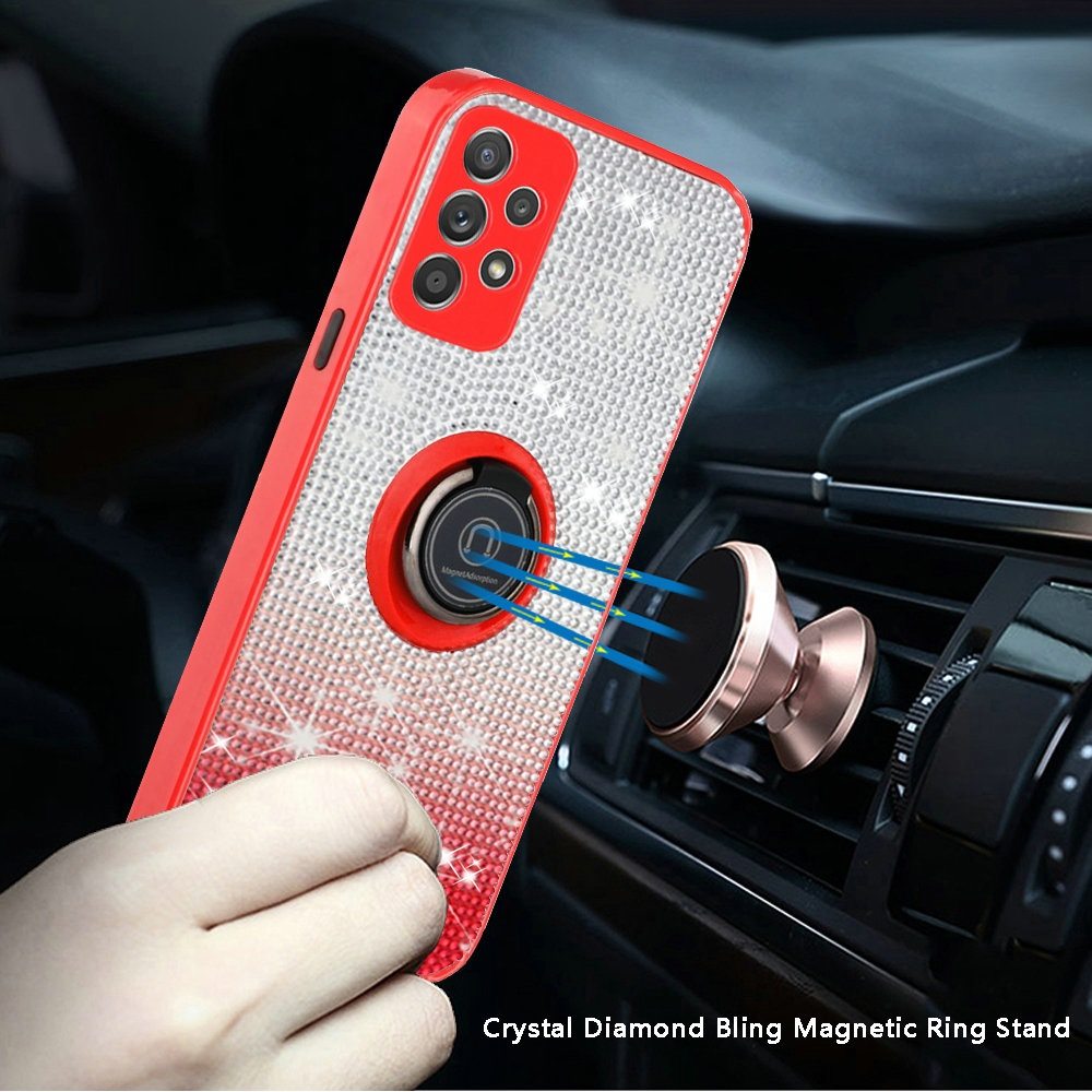 Samsung Galaxy A52 5G Crystal Diamond Bling Magnetic Ring Stand Case Cover - Two Tone Red (1101592)