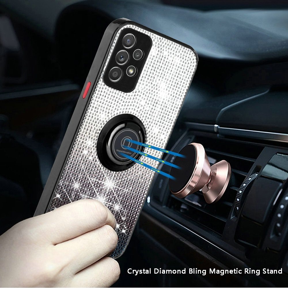 Samsung Galaxy A52 5G Crystal Diamond Bling Magnetic Ring Stand Case Cover - Two Tone Black (1101391)