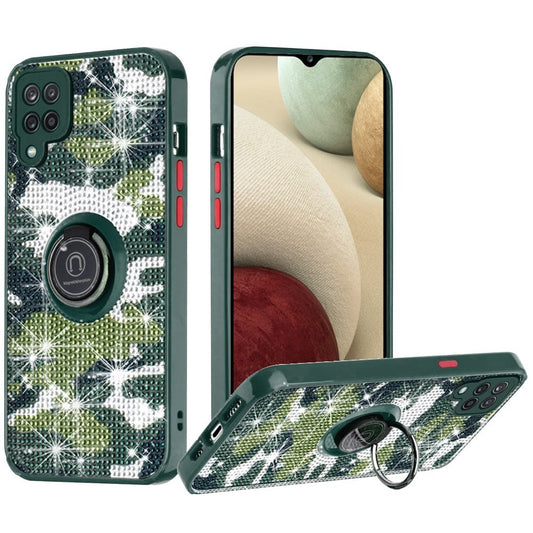 Samsung Galaxy A12 5G Crystal Diamond Bling Magnetic Ring Stand Case Cover - Camo Green (1103045)