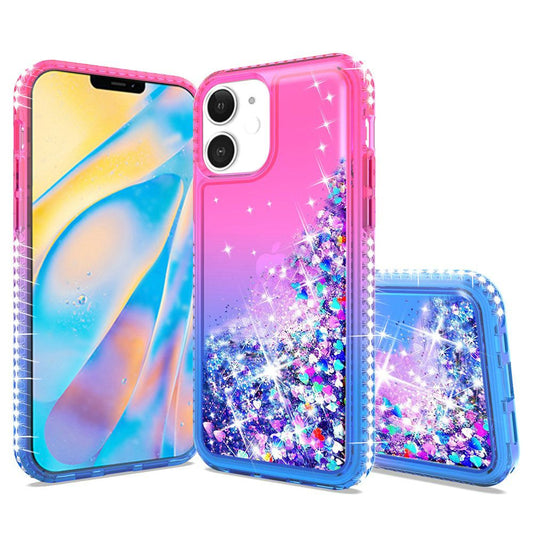 Apple iPhone 12 5.4 inch Two Tone Diamond Water Quicksand Glitter - Hot Pink/Dark Blue (110200)
