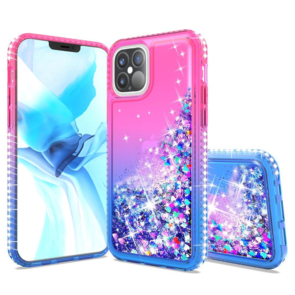 Apple iPhone 12 6.7 inch Two Tone Diamond Water Quicksand Glitter - Hot Pink/Dark Blue (110205)