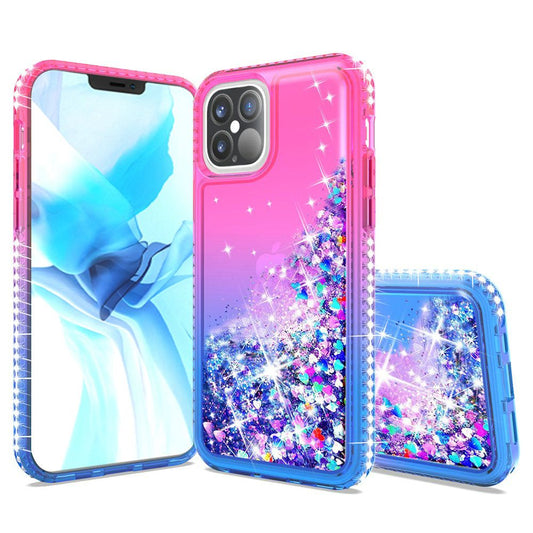 Apple iPhone 12 6.7 inch Two Tone Diamond Water Quicksand Glitter - Hot Pink/Dark Blue (110205)