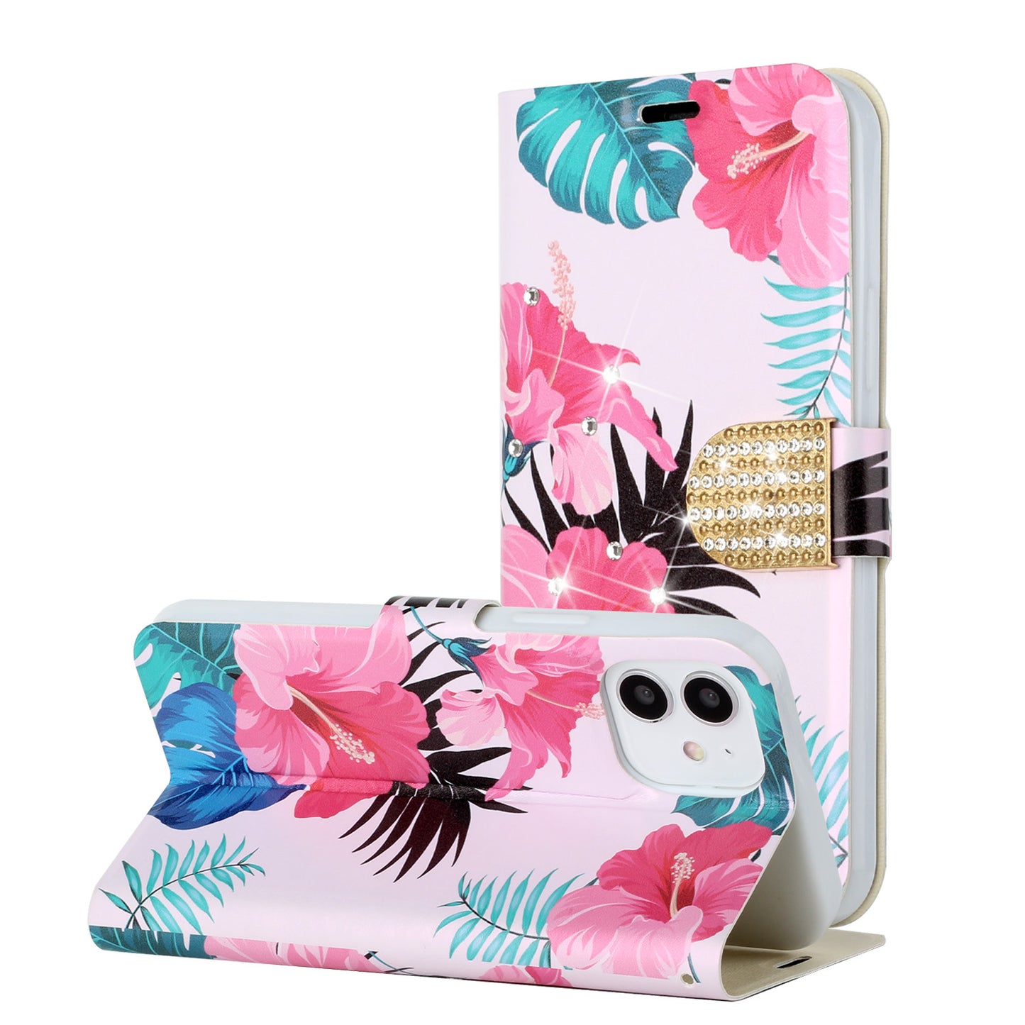 Samsung Galaxy A12 5G Diamond Bling Vegan Leather Wallet Design Cover Case - Floral A  (1103054)