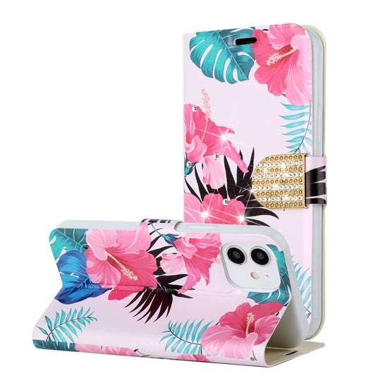 Samsung Galaxy A12 5G Diamond Bling Vegan Leather Wallet Design Cover Case - Floral A  (1103054)